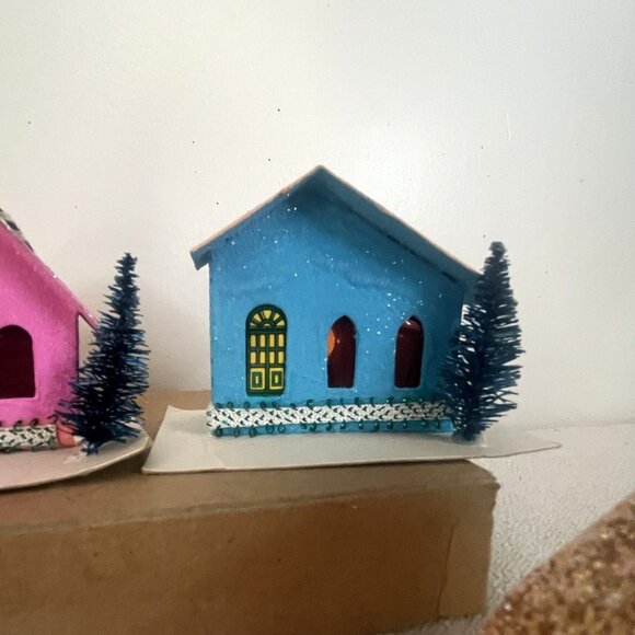 Vintage Putz Houses, Glittery Cardboard Christmas Decorations, Set Of 4,  Bottle - Picture 7 of 9